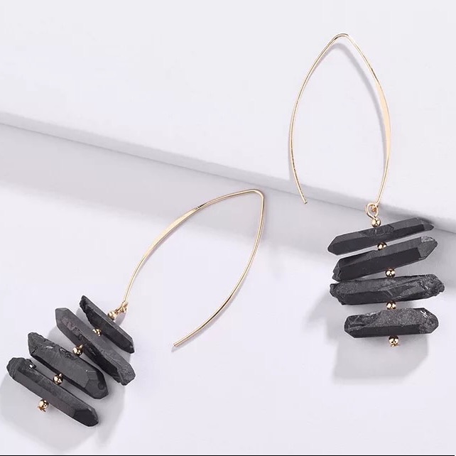 Anthropologie Gold Plated Black Aura Quartz Point Gemstone Drop Earrings